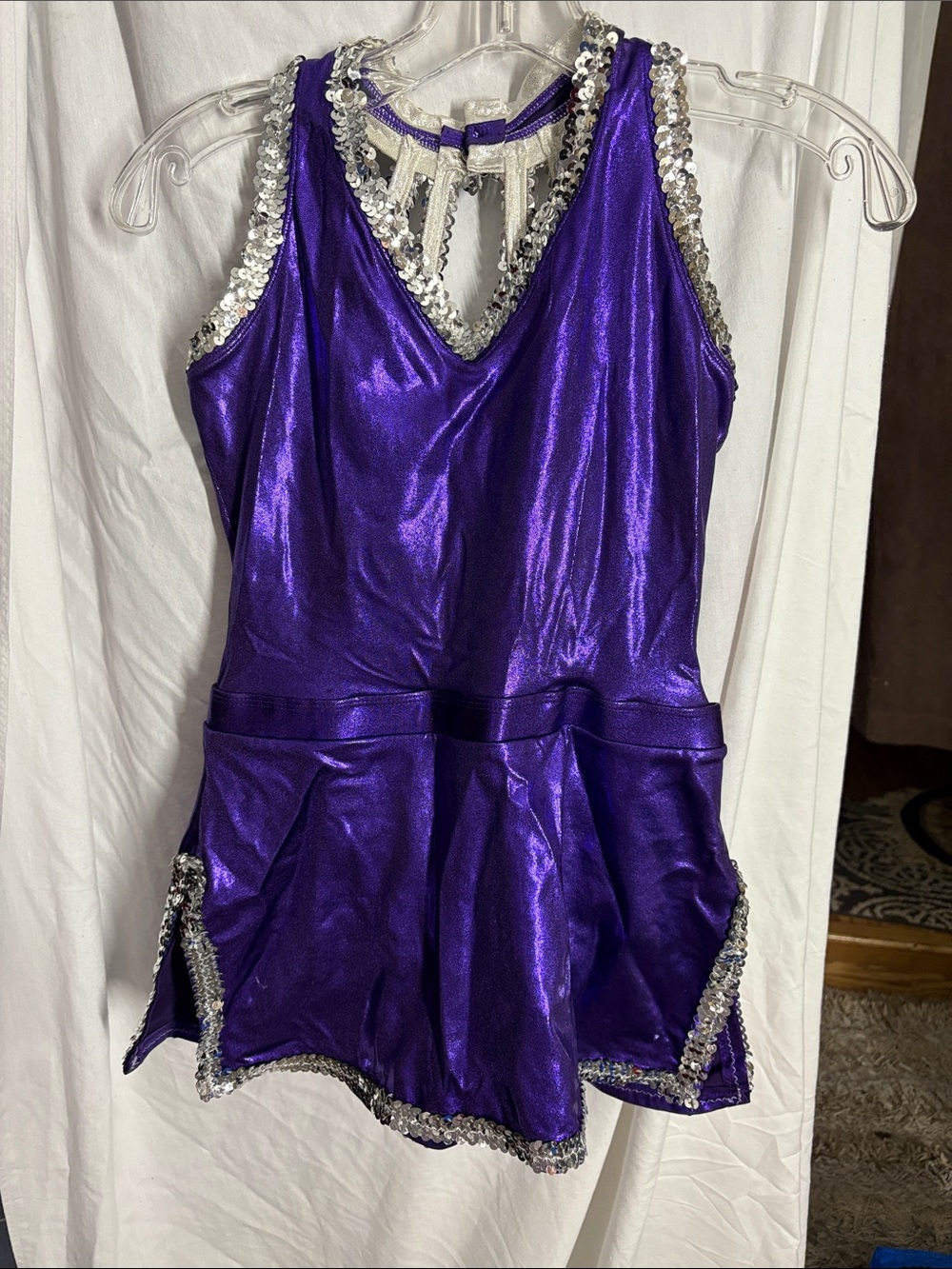 Kids Purple Sequin Trim One-Piece Skating Dress
